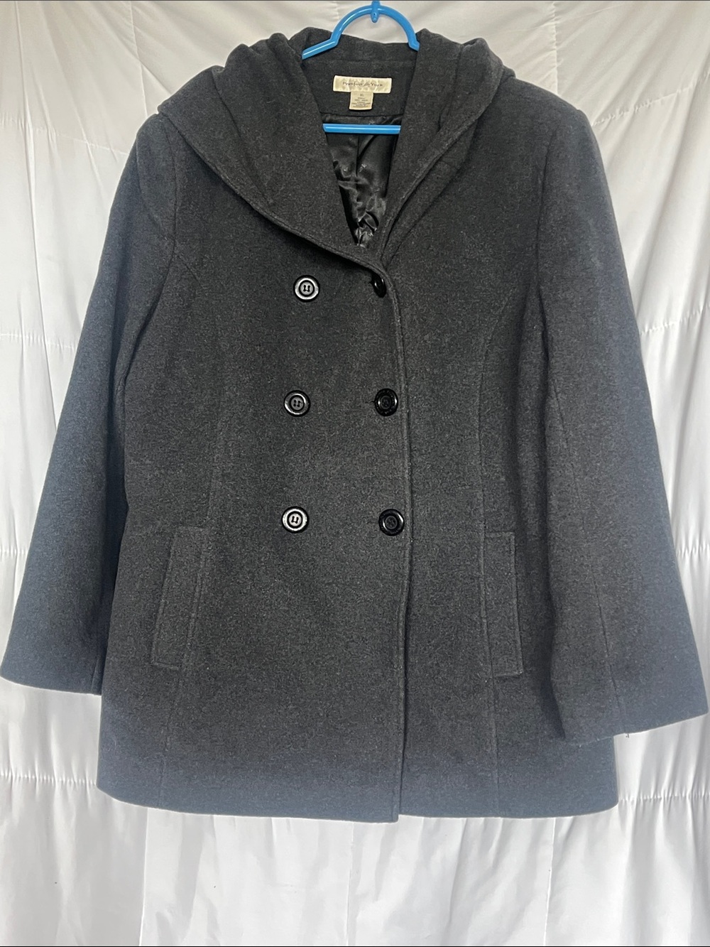 Preston & York Double Breasted Dark Charcoal Gray Wool Hooded Peacoat XL
